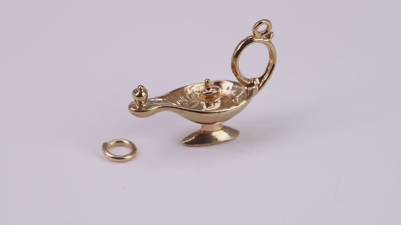 Magic Genie Lamp Charm, Traditional Charm, Made From Solid Yellow Gold with British Hallmark, Complete with Attachment Link