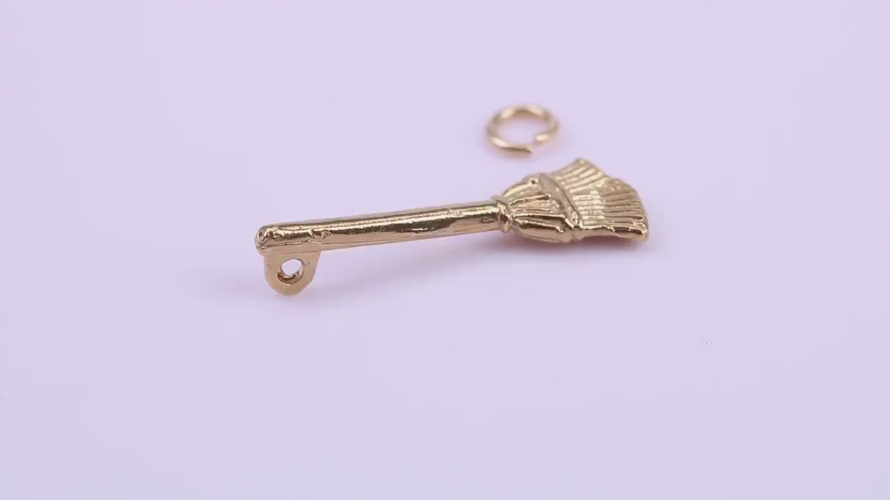 Witches Broom Stick Charm, Traditional Charm, Made from Solid 9ct Yellow Gold, British Hallmarked, Complete with Attachment Link