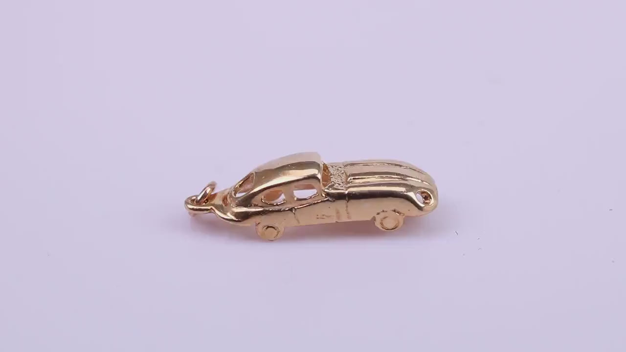 E Type Jaguar Car Charm, Made From Solid 9ct Yellow Gold, British Hallmarked and Complete With Attachment Link