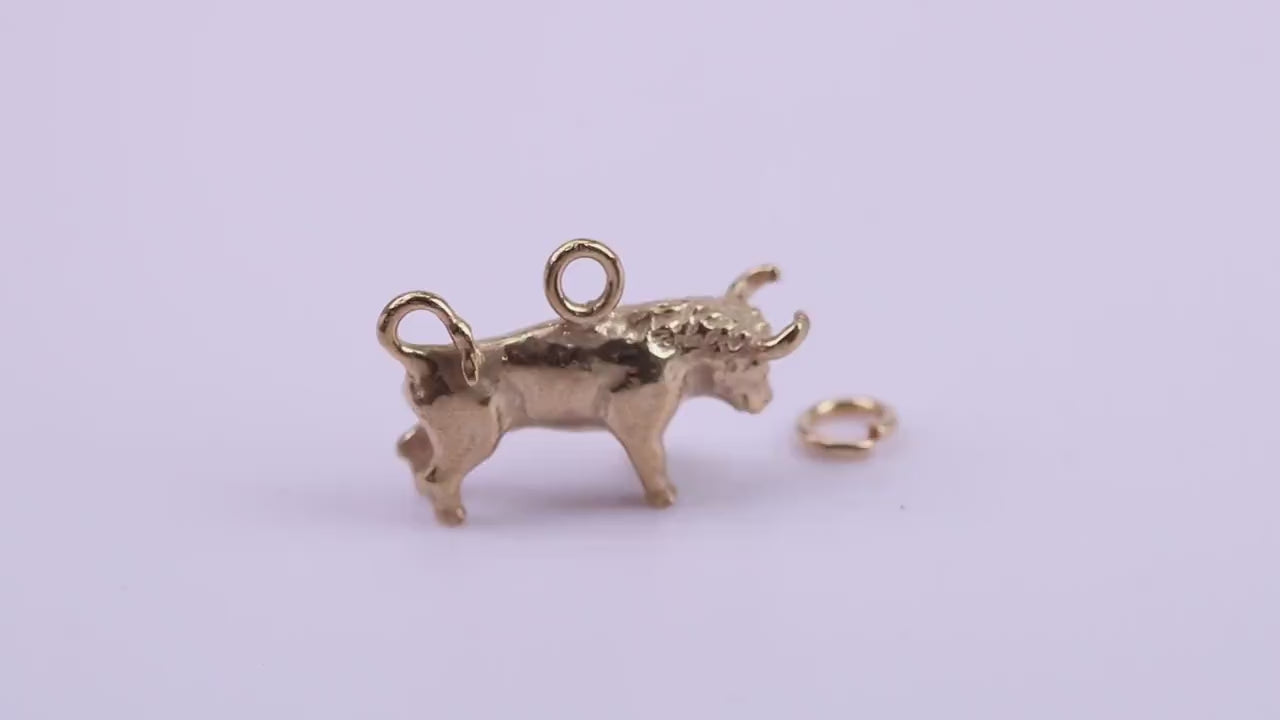 Taurus Zodiac Sign Charm, Traditional Charm, Made from Solid 9ct Yellow Gold, British Hallmarked, Complete with Attachment Link