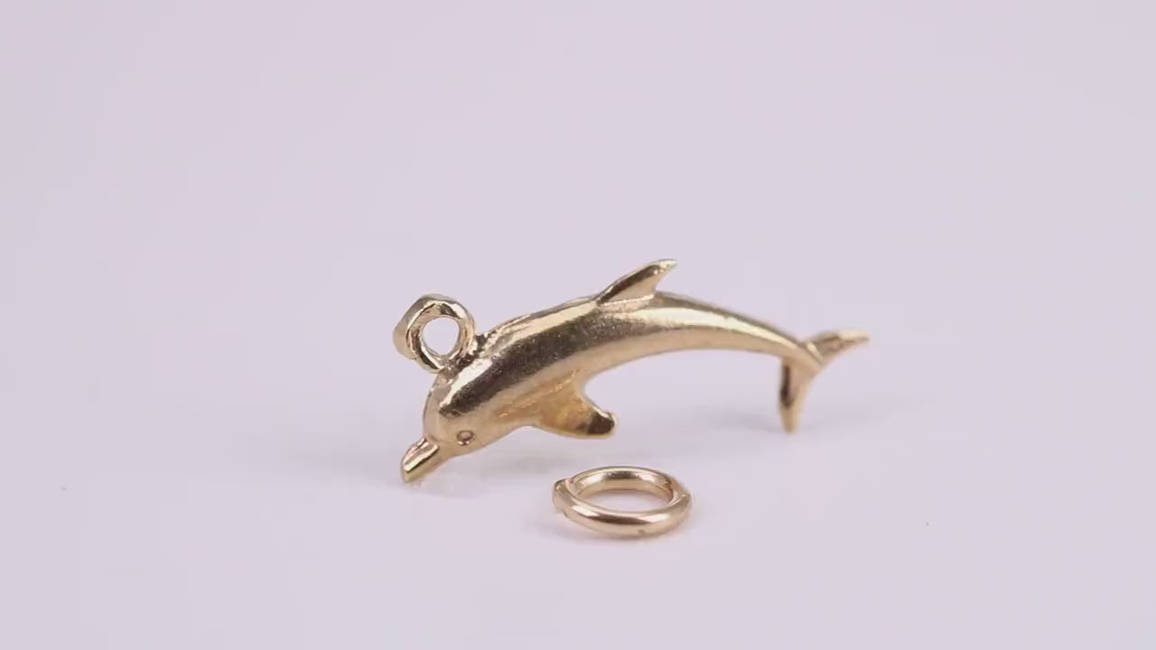 Dolphin Charm, Traditional Charm, Made from Solid Yellow Gold, British Hallmarked, Complete with Attachment Link