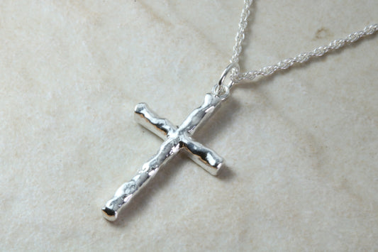 Sterling Silver Bark Effect Cross Necklace