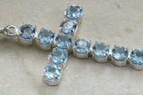 Large Aquamarine C Z set Sterling Silver Cross Necklace