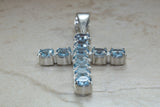 Large Aquamarine C Z set Sterling Silver Cross Necklace
