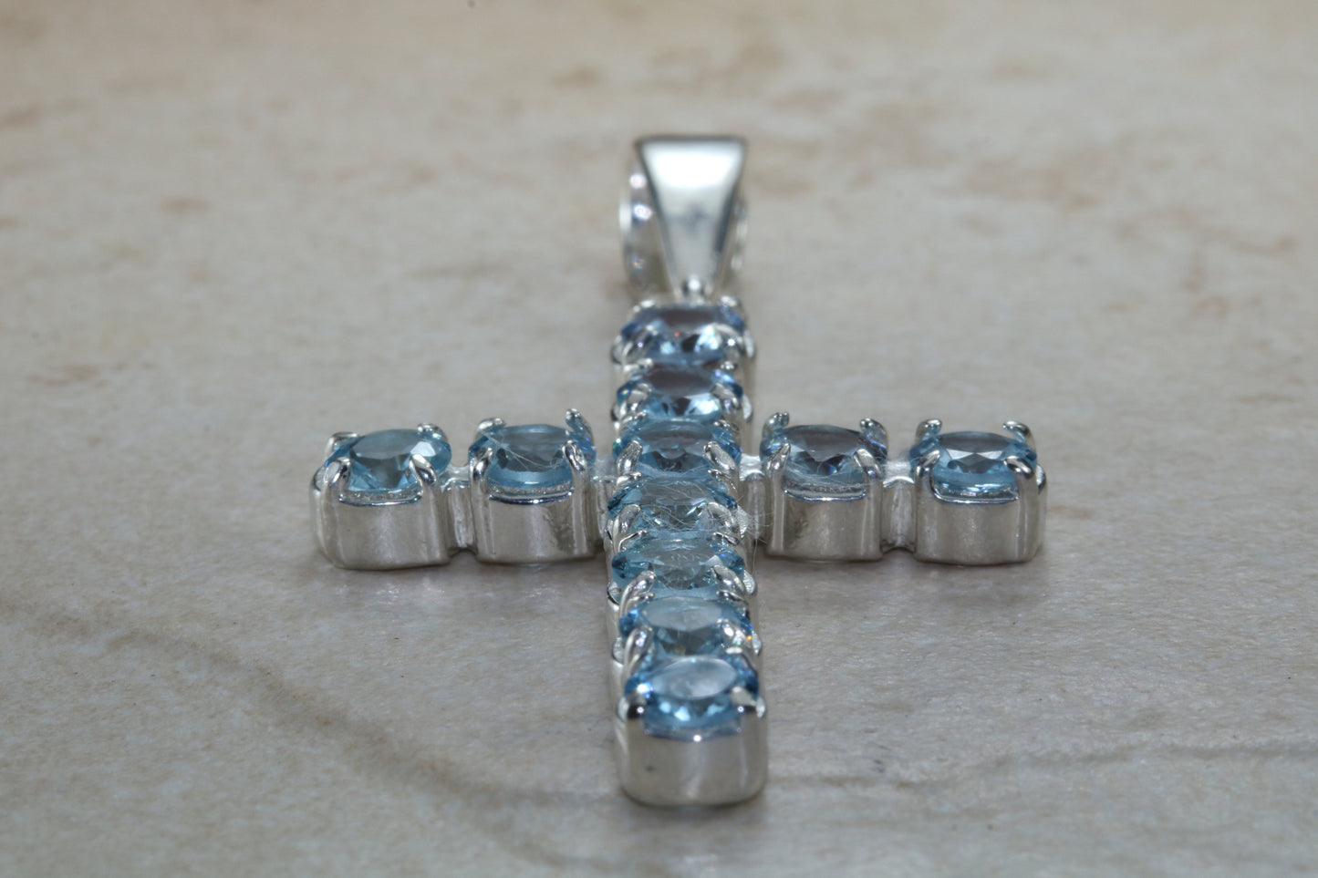 Large Aquamarine C Z set Sterling Silver Cross Necklace