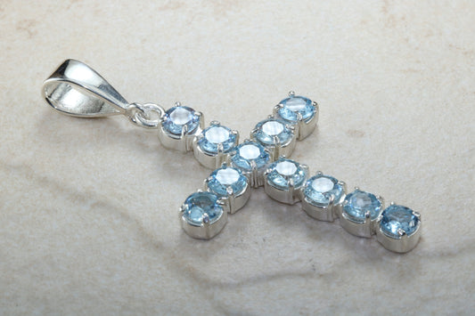 Large Aquamarine C Z set Sterling Silver Cross Necklace