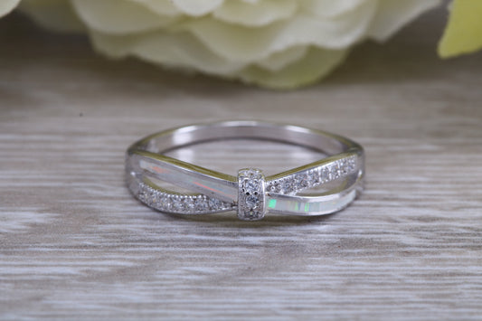 Very sparkly and fiery Opal and cubic zirconia set ring, solid sterling silver ring further rhodium plated for that platinum look