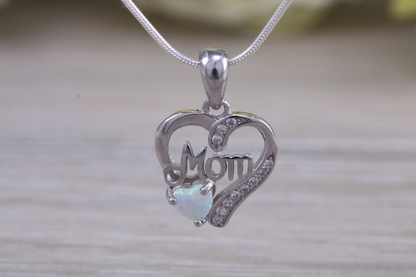 Silver Opal and C Z set Mom Necklace