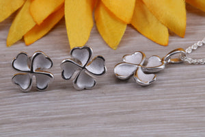Sterling Silver Four leaf Clover Stud Earrings with Matching Necklace