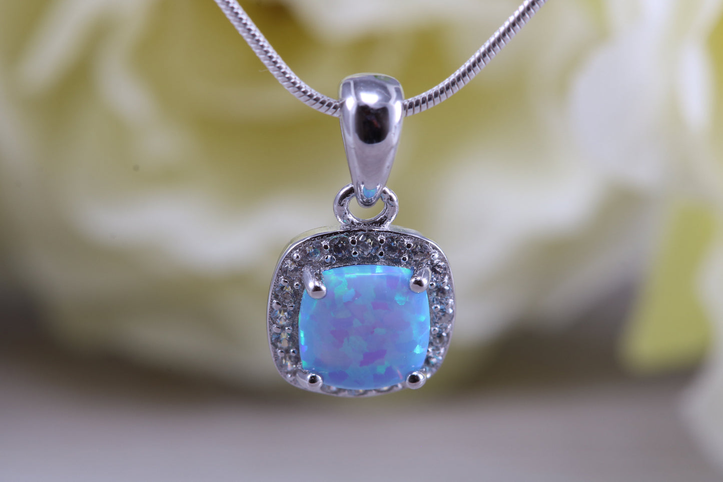 Sterling Silver Opal and C Z Halo set Necklace