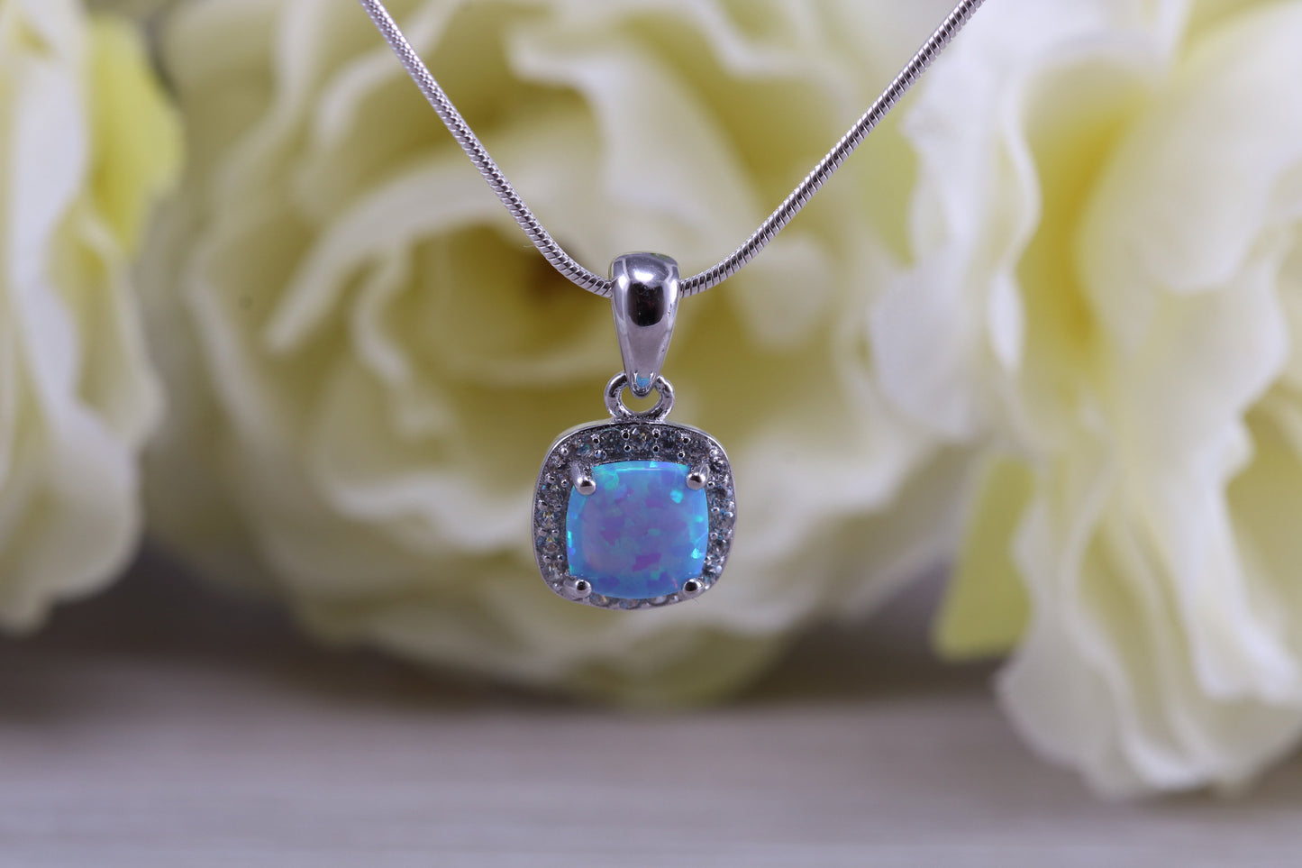 Sterling Silver Opal and C Z Halo set Necklace