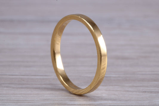 3 mm flat profile Silver band with 18ct yellow Gold hard plating, looks just like a gold band for a fraction of the cost