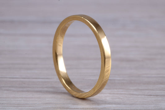 2 mm flat profile Silver band with 18ct yellow Gold hard plating, looks just like a gold band for a fraction of the cost