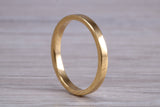 2 mm flat profile Silver band with 18ct yellow Gold hard plating, looks just like a gold band for a fraction of the cost