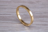 3 mm flat profile Silver band with 18ct yellow Gold hard plating, looks just like a gold band for a fraction of the cost