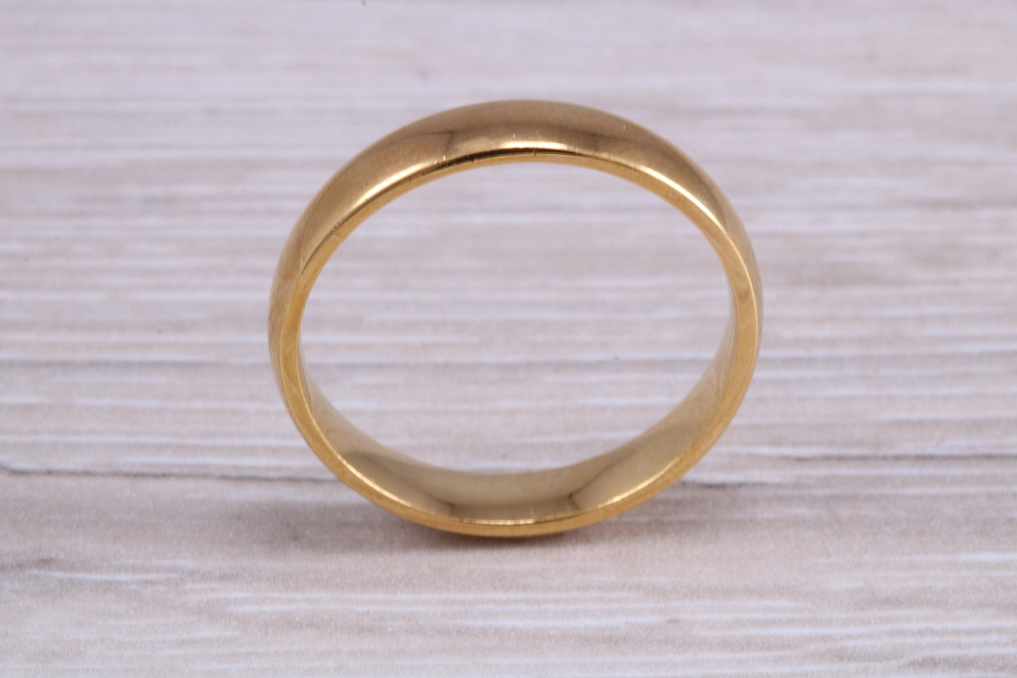 4 mm court profile Silver band with 18ct yellow Gold hard plating, looks just like a gold band for a fraction of the cost