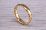 5 mm court profile Silver band with 18ct yellow Gold hard plating, looks just like a gold band for a fraction of the cost