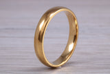 5 mm court profile Silver band with 18ct yellow Gold hard plating, looks just like a gold band for a fraction of the cost