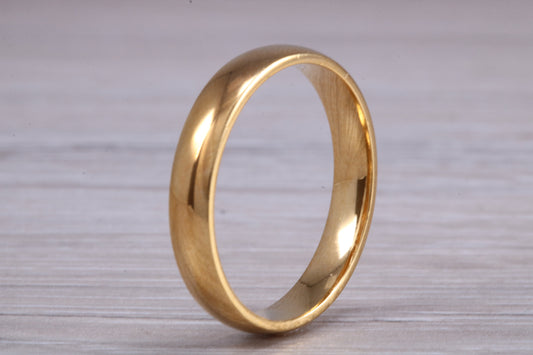 5 mm court profile Silver band with 18ct yellow Gold hard plating, looks just like a gold band for a fraction of the cost