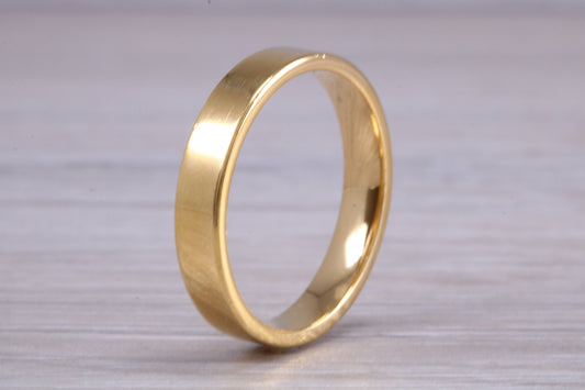 4 mm flat profile Silver band with 18ct yellow Gold hard plating, looks just like a gold band for a fraction of the cost