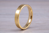 4 mm flat profile Silver band with 18ct yellow Gold hard plating, looks just like a gold band for a fraction of the cost