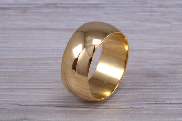 10 mm court profile Silver band with 18ct yellow Gold hard plating, looks just like a gold band for a fraction of the cost. Very wide band