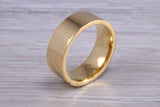 8 mm flat profile Silver band with 18ct yellow Gold hard plating, looks just like a gold band for a fraction of the cost. Very wide band