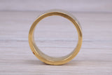 8 mm flat profile Silver band with 18ct yellow Gold hard plating, looks just like a gold band for a fraction of the cost. Very wide band
