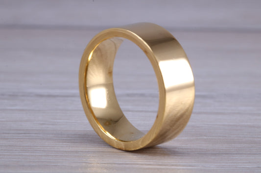 8 mm flat profile Silver band with 18ct yellow Gold hard plating, looks just like a gold band for a fraction of the cost. Very wide band