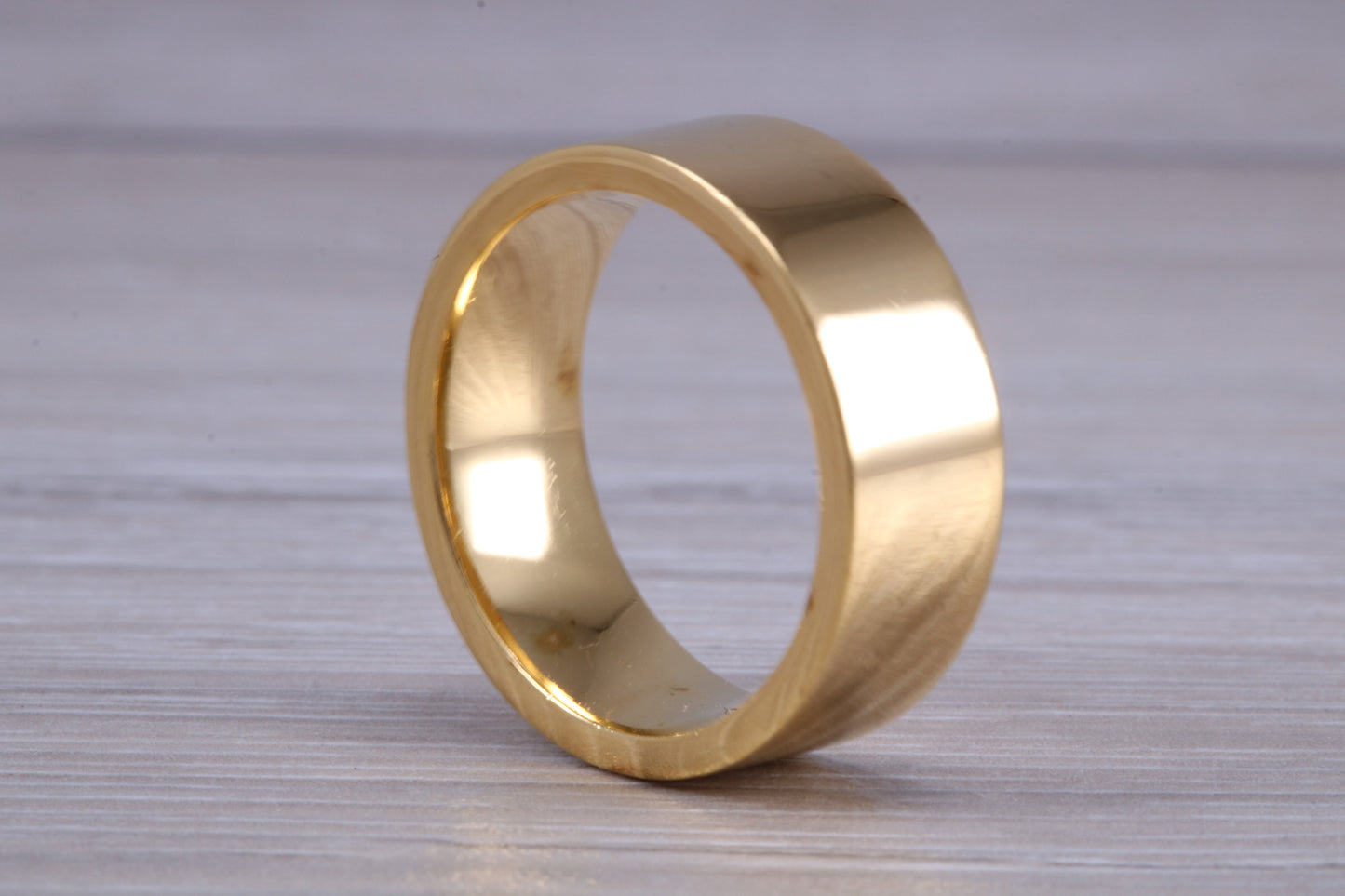 10 mm flat profile Silver band with 18ct yellow Gold hard plating, looks just like a gold band for a fraction of the cost. Very wide band