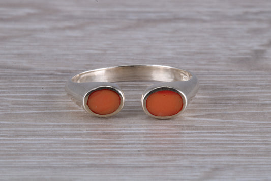 Silver Coral open ended ring, sterling silver with red coral inlay, suitable for all age groups, very unusual design