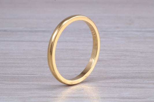 2 mm court profile Silver band with 18ct yellow Gold hard plating, looks just like a gold band for a fraction of the cost