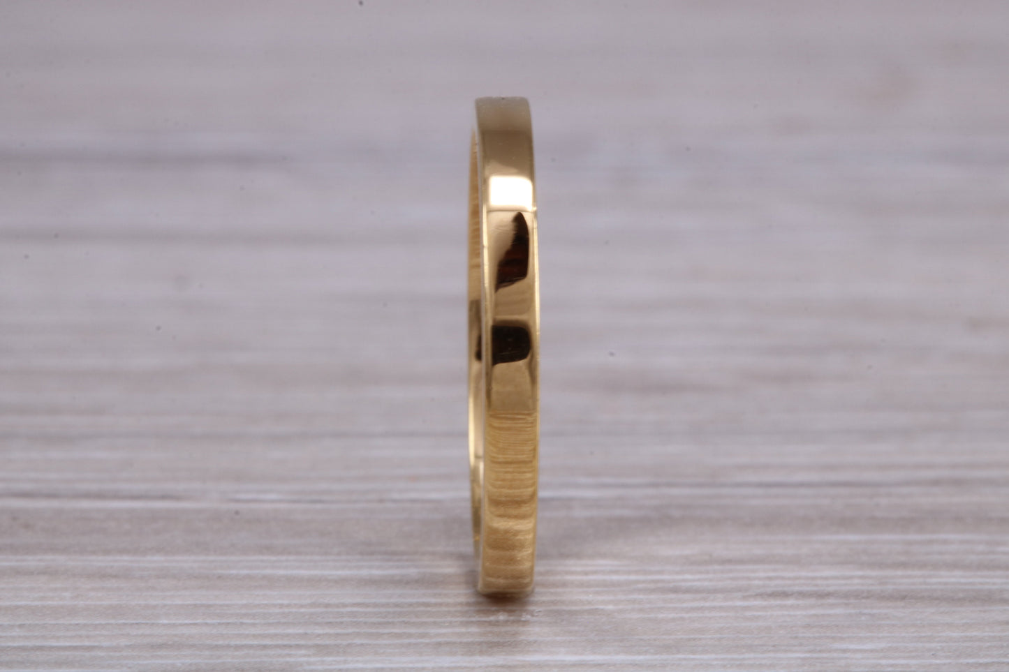 2 mm flat profile Silver band with 18ct yellow Gold hard plating, looks just like a gold band for a fraction of the cost