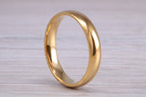 4 mm court profile Silver band with 18ct yellow Gold hard plating, looks just like a gold band for a fraction of the cost