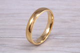 4 mm court profile Silver band with 18ct yellow Gold hard plating, looks just like a gold band for a fraction of the cost