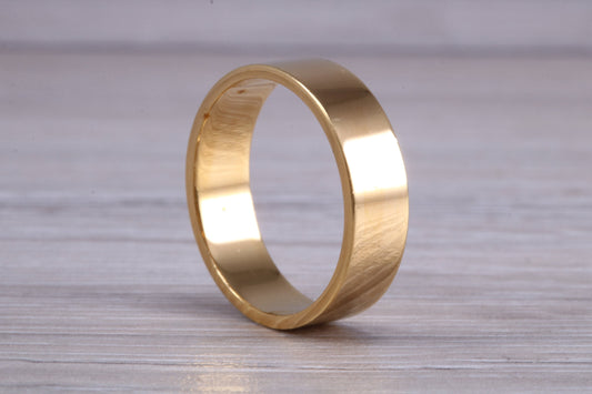 6 mm flat profile Silver band with 18ct yellow Gold hard plating, looks just like a gold band for a fraction of the cost