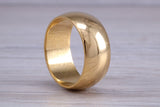 9 mm court profile Silver band with 18ct yellow Gold hard plating, looks just like a gold band for a fraction of the cost. Very wide band