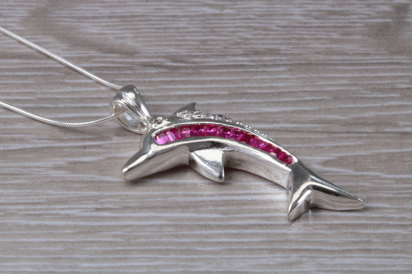 Sterling Silver Pink C Z set Dolphin Necklace