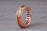 Beautiful fully set rainbow ring, set with top grade multi coloured C Z and 18ct rose gold plated, absolutely stunning ring