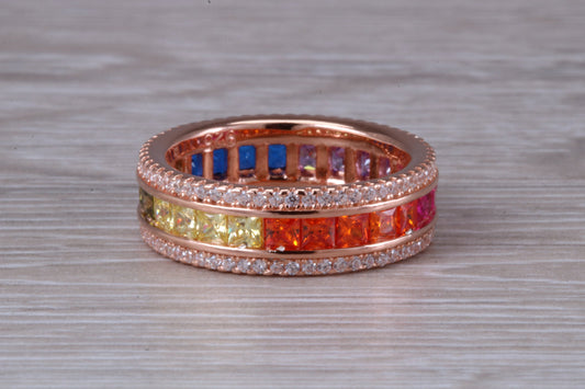 Beautiful fully set rainbow ring, set with top grade multi coloured C Z and 18ct rose gold plated, absolutely stunning ring