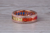 Beautiful fully set rainbow ring, set with top grade multi coloured C Z and 18ct rose gold plated, absolutely stunning ring