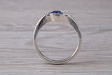 Simple and very elegant real Blue Sapphire look ring, sterling silver set with half carat Sapphire C Z, very smooth rub over setting