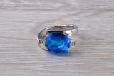 Elegant real Blue Sapphire look ring, sterling silver set with Oval cut Sapphire C Z, very unusual design