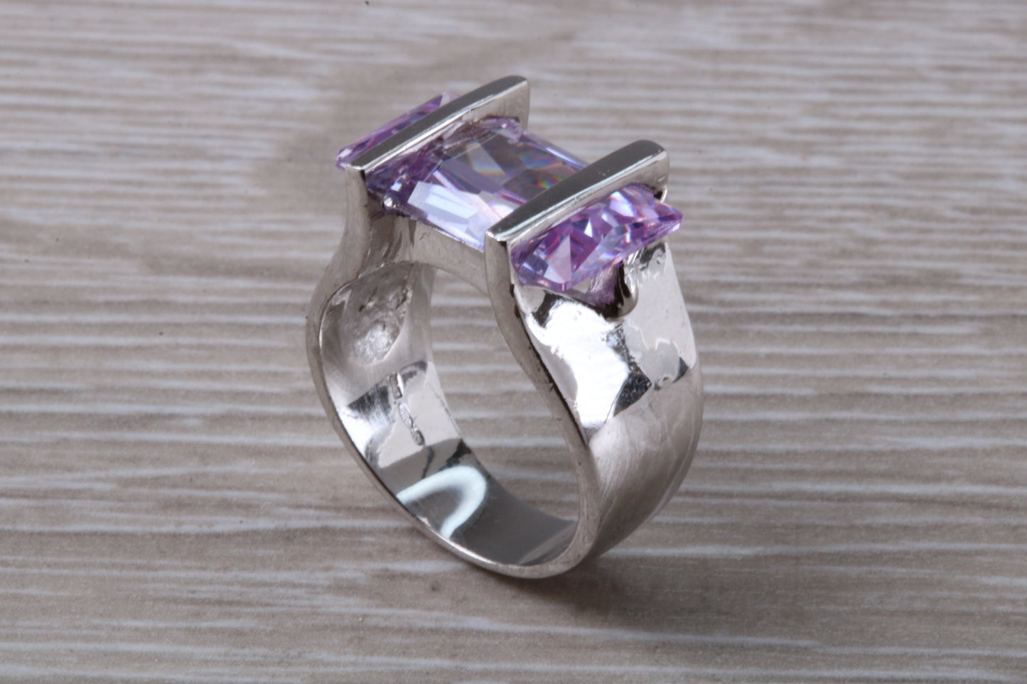 Elegant real Amethyst look ring, sterling silver set with rectangle cut Amethyst C Z, very unusual design