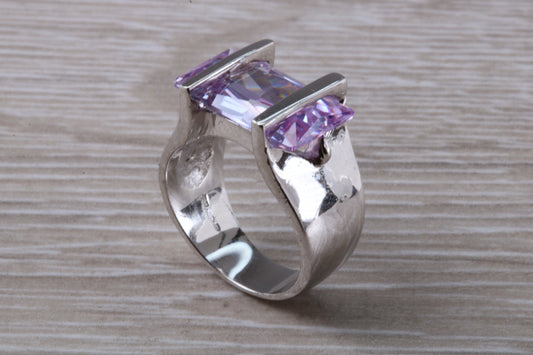 Elegant real Amethyst look ring, sterling silver set with rectangle cut Amethyst C Z, very unusual design