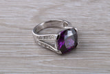 Elegant real Amethyst look ring, sterling silver set with cushion cut Amethyst C Z, very unusual design