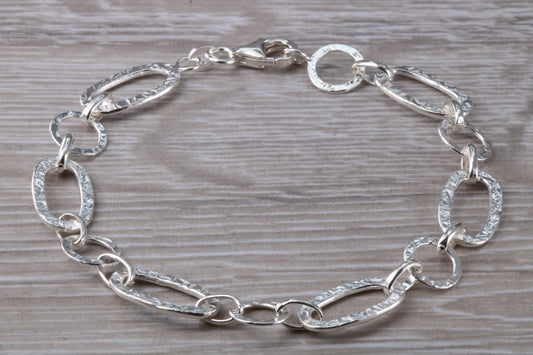 Silver open linked Bracelet with oval and round shaped hammered effect links, light weight and suitable for age groups