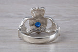 Very large and very heavy stone set Claddagh ring, set with Sapphire Blue C Z, solid silver, suitable for ladies or gents