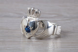 Very large and very heavy stone set Claddagh ring, set with Sapphire Blue C Z, solid silver, suitable for ladies or gents