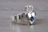 Very large and very heavy stone set Claddagh ring, set with Sapphire Blue C Z, solid silver, suitable for ladies or gents